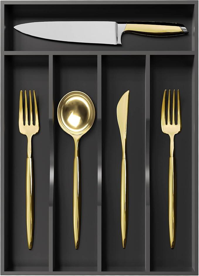 Greenual Black Silverware Organizer 10 In Utensil Organizer Silverware Tray for Drawer Cutlery Flatware Organizer for Kitchen Bamboo Wood