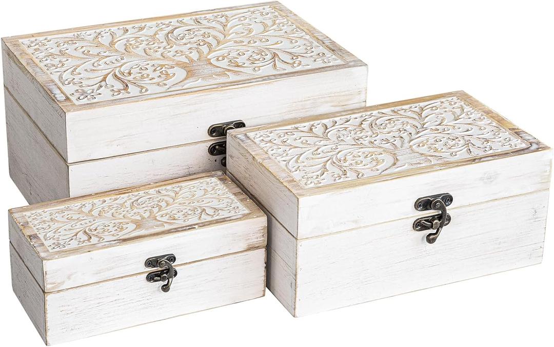 MODE HOME 3 Piece Tree of Life Carved Wooden Keepsake Boxes with Lids, Decorative Storage Boxes for Home decor, Trinket Box for Jewelry and Memorabilia (Whitewashed)