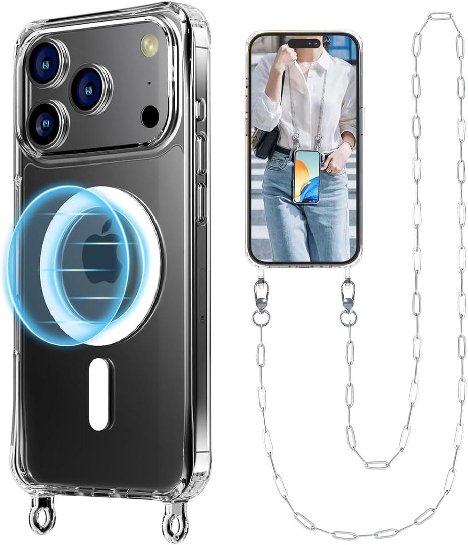 UnnFiko Crossbody Phone Lanyard for iPhone 17 Pro Max Case Compatible with Magsafe Clear, Metal Phone Strap Phone Case Shockproof Protection, Magnetic Phone Case for iPhone 17 Pro Max(Silver Lanyard)