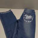 QJBMEI Women's Jeans Feather Flower Embroidery Mid Rise Stretchy Bootcut Slim Wide Leg Pants Blue,S