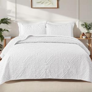 Exclusivo Mezcla Twin Quilt Bedding Set with 1 Pillow Sham, Lightweight White Twin Size Quilt Bedspread with Vintage Damask Pattern, Soft Bedspreads Coverlets for All Seasons White, Twin (68"x88")