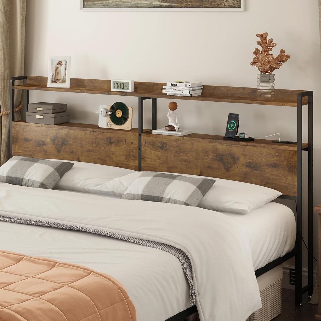 Headboard Adjustable Queen Size with Outlets, USB Ports, LED Lights Type-C, and Storage, Rustic Brown, Sturdy Bed Frame Headboard for Enhanced Comfort and Functionality, King Size