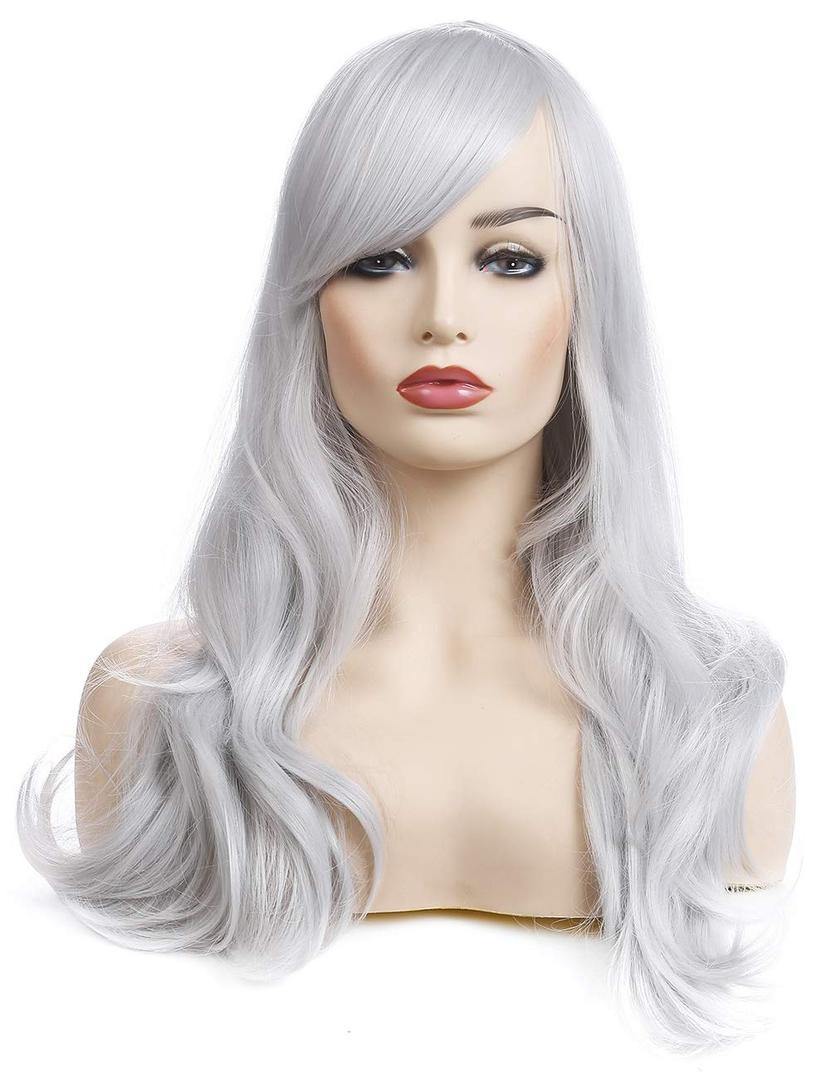 morvally 23 inches Long Curly Wig Big Wave Heat Resistant Synthetic Hair with Bangs for Women Cosplay Costume Halloween Party (Silver Grey)