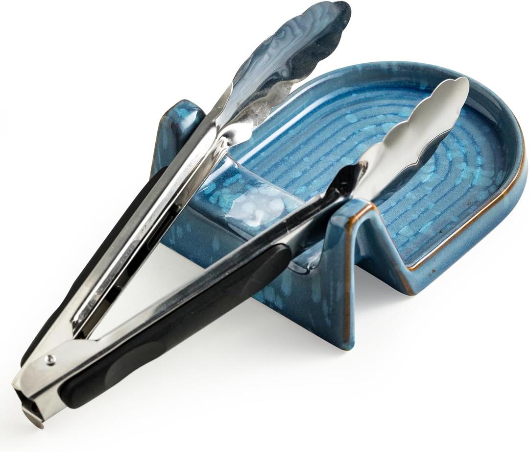 Cooking Spoon Rest with Slot or Spatula, Spoons or Tong Ceramic Spoon Rest for Countertop Heat-Resistant Spoon Holder for Stove Top, Blue