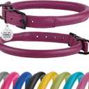 Rolled Leather Dog Collar Soft Round Design Prevents Tangling & Matting with ID Tag for Dogs (11-14 inch, Pink Berry)