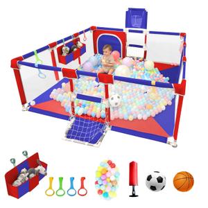 Baby Playpen, Indoor Safety Play Area for Infants and Toddlers (Blue+Red, 73"x71")