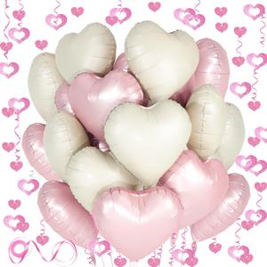 2 x Pink White Heart Balloons, 24Pcs 18Inch Baby Pink Cream White Foil Shaped Love Balloons and 50Pcs Hanging Streamer for Valentine's Day Decorations, Birthday, Wedding Party