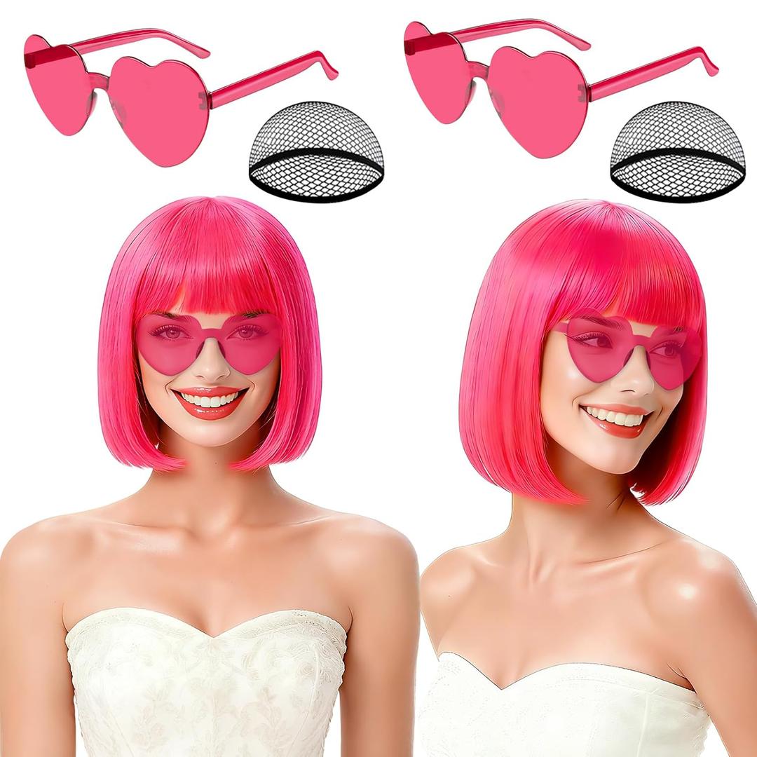 2 Pack Hot Pink Neon Bob Wig with Heart Sunglasses for Women, Colorful Short Bob Wigs with Bangs Synthetic Hair for Cosplay Music Festival Bachelorette Party Fancy Dress Photography