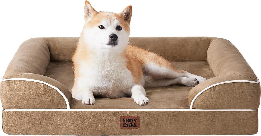 EHEYCIGA Orthopedic Dog Beds for Large Dogs, Waterproof Memory Foam Large Pet Bed with Sides, Non-Slip Bottom and Egg-Crate Foam Dog Couch Bed with Washable Removable Cover, Camel (35.0"L x 22.0"W x 6.5"Th)