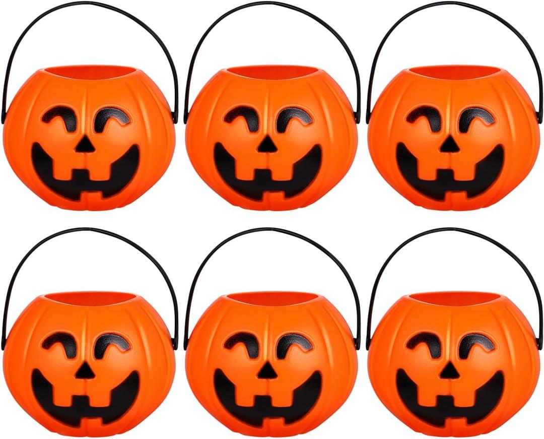 Kisangel 6 Pcs Mini Pumpkin Buckets Plastic Buckets with Handles Pumpkin Trick Or Treat Bucket for Holiday Halloween Banquet
