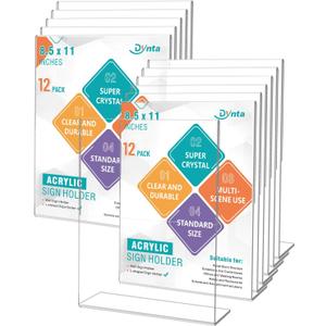 Dynta Acrylic Sign Holder 8.5x11 - 12 Pack L-shape Flyer Document Menu Holder, Clear Plastic Paper Holder Slanted Back Frame Display Stands for Weeding Office Home Photos Brochure Exhibition