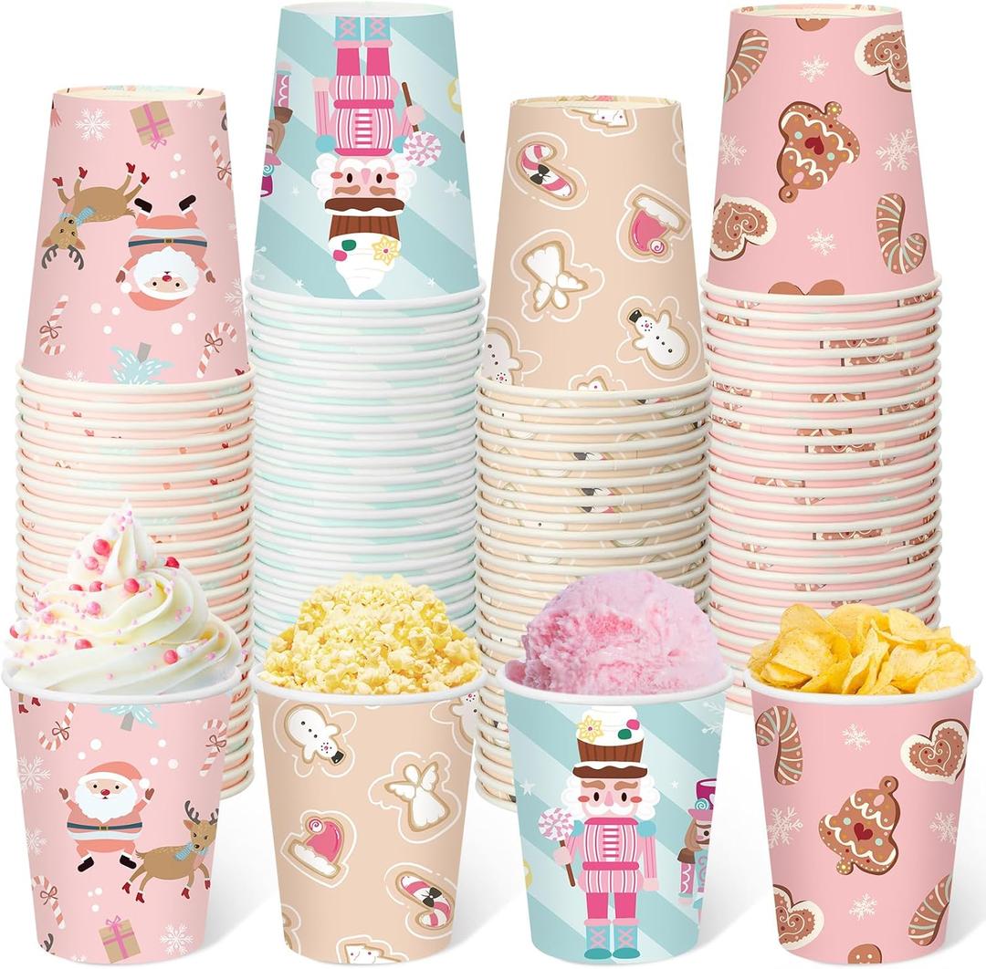 Maxcheck 100 Pcs Pink Christmas Paper Cups 9 oz Disposable Pink Snowflakes Elk Xmas Coffee Cups Hot Drink for Xmas Holiday Party Drinkware Supplies Hot Tea Cold Beverage Cocoa(Cute Style)