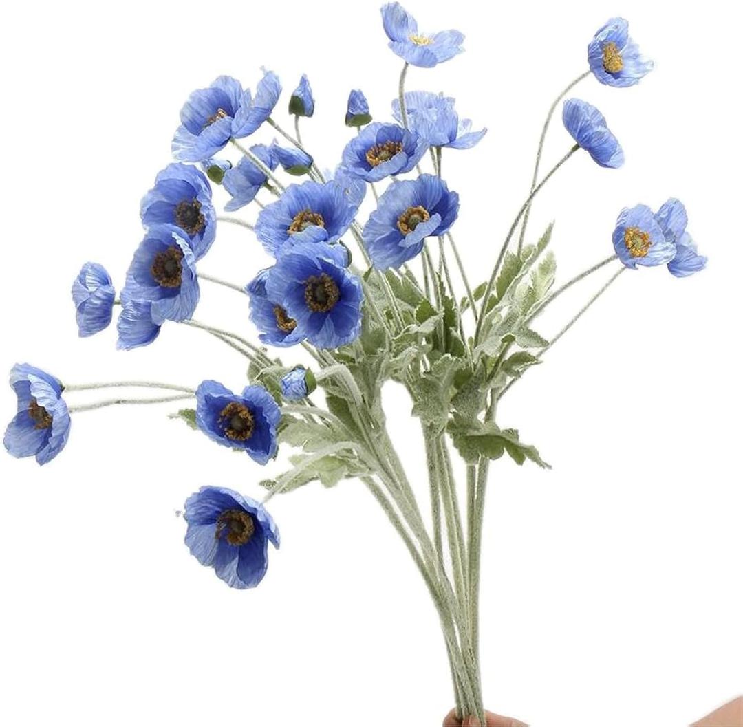 Set of 6 Poppies Flowers Artificial Silk Flowers with Long Stems Faux Wildflowers Bouquet for Vases Oil Pastel Style for Wedding Party Indoor Home Office Decor (Blue)