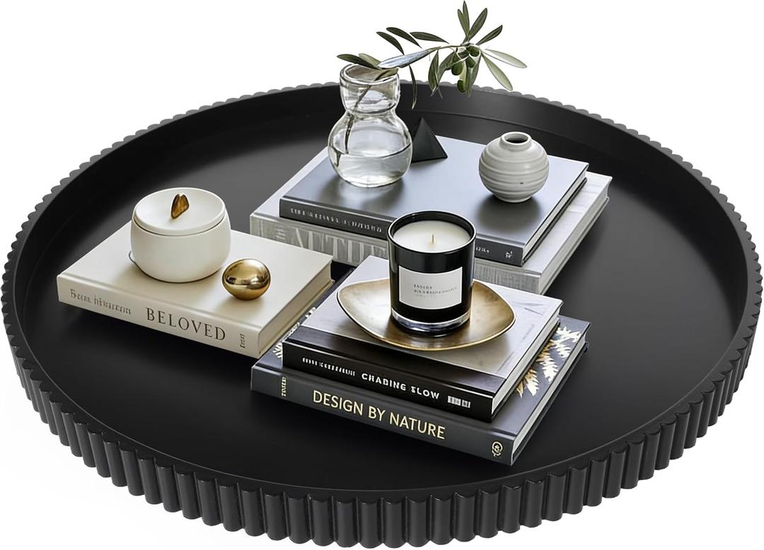 Gurfuy 24" Round Extra Large Ottoman Serving Tray - Rustic Wooden Table Tray for Farmhouse Decorative Oversized Coffee Table Trays Living Room Kitchen Counter Breakfast Black