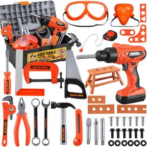 Kids Tool Set  Zealous 48 pcs Toddler Tool Set with Tool Box & Electronic Toy Drill, Pretend Play Kids Toys, Toy Construction Tools for Kids Ages 3,4,5,6,7,8 Years Old (A-Orange)