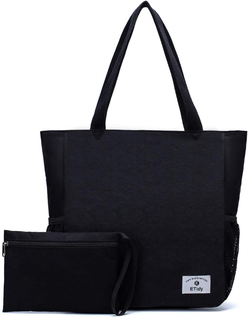 ETidy Large Capacity Foldable Tote Bag With Zipper Water-resistant SandproofWomen Beach Bag Handbag GymBag Travel ShoppingBag (Black)