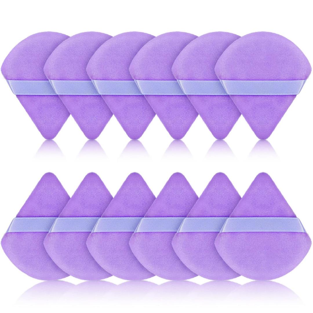 Maitys 12 Pcs Powder Puff Triangle for Face Makeup Cosmetic Loose Powder Puff Velour Soft Body Washable Reusable Foundation Sponge Wet Dry Makeup Tool for Women(Small, Purple)