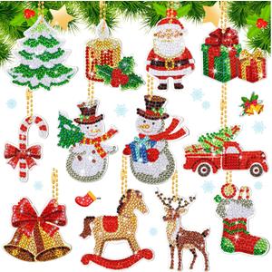 Ferraycle 12 Pcs Diamond Art Christmas Ornaments Christmas Diamond Painting Ornaments 5d DIY Painting Keychain Kits Xmas Hanging Paint Kits for Adults Crafts Family Decor