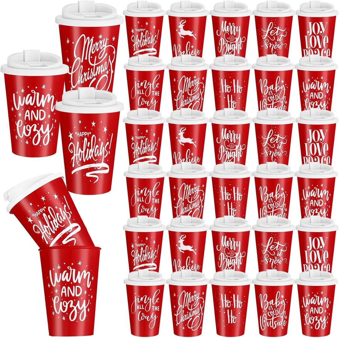 Sliner 40 Pcs Christmas Reusable Coffee Cups with Lids Bulk 12 oz Christmas Plastic Cup Gifts Xmas Drinks Tumblers with Snowflake for Coworkers Family Winter Party Favors (Red)