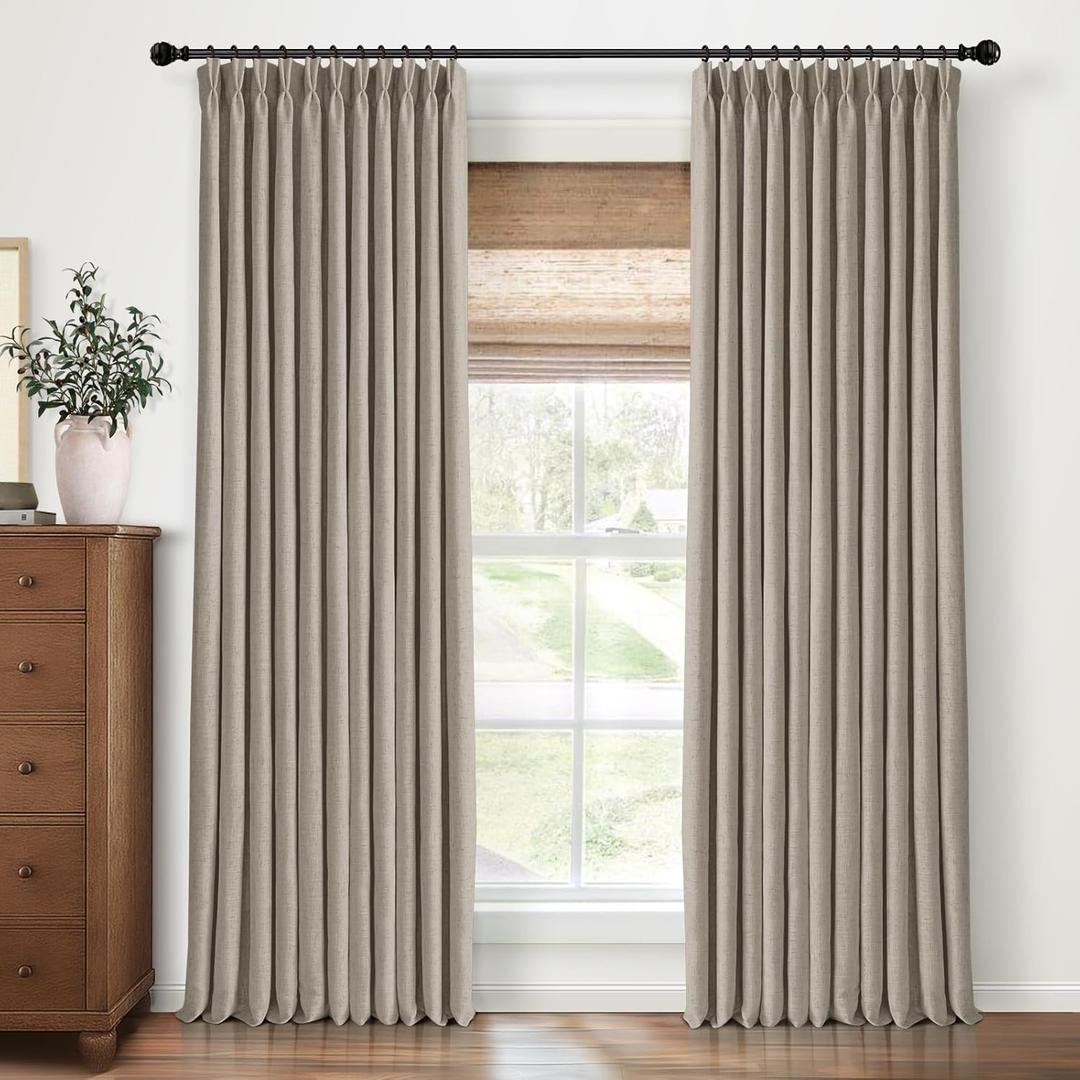 Pinch Pleated Blackout Curtains 108 Inch Long, Linen Blend, 100% Blackout Drapes with 20 Hooks, Ideal for Bedroom and Living Room, 40" W x 108" L (Pack of 2), Simple Taupe