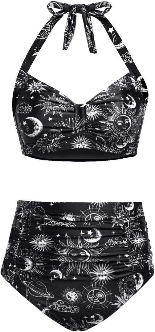 Holipick Women High Waisted Bikini Set Two Piece Swimsuit Tummy Control Bathing Suit Vintage Halter Swimwear (18 Plus, Black Sun Moon)