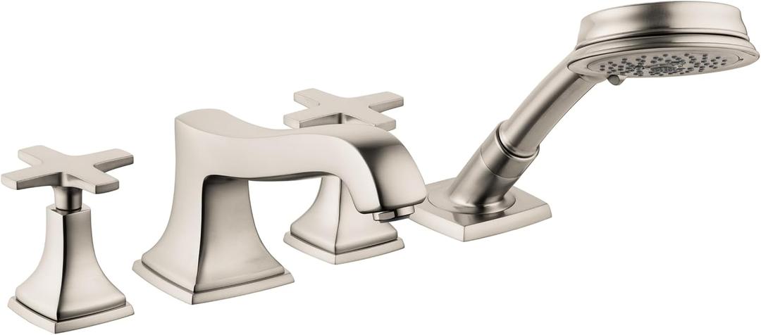 hansgrohe Metropol Classic Classic 2-Handle 17-inch Wide Roman Tub Filler Freestanding Bathtub Faucetand Shower Set in Brushed Nickel, 31449821