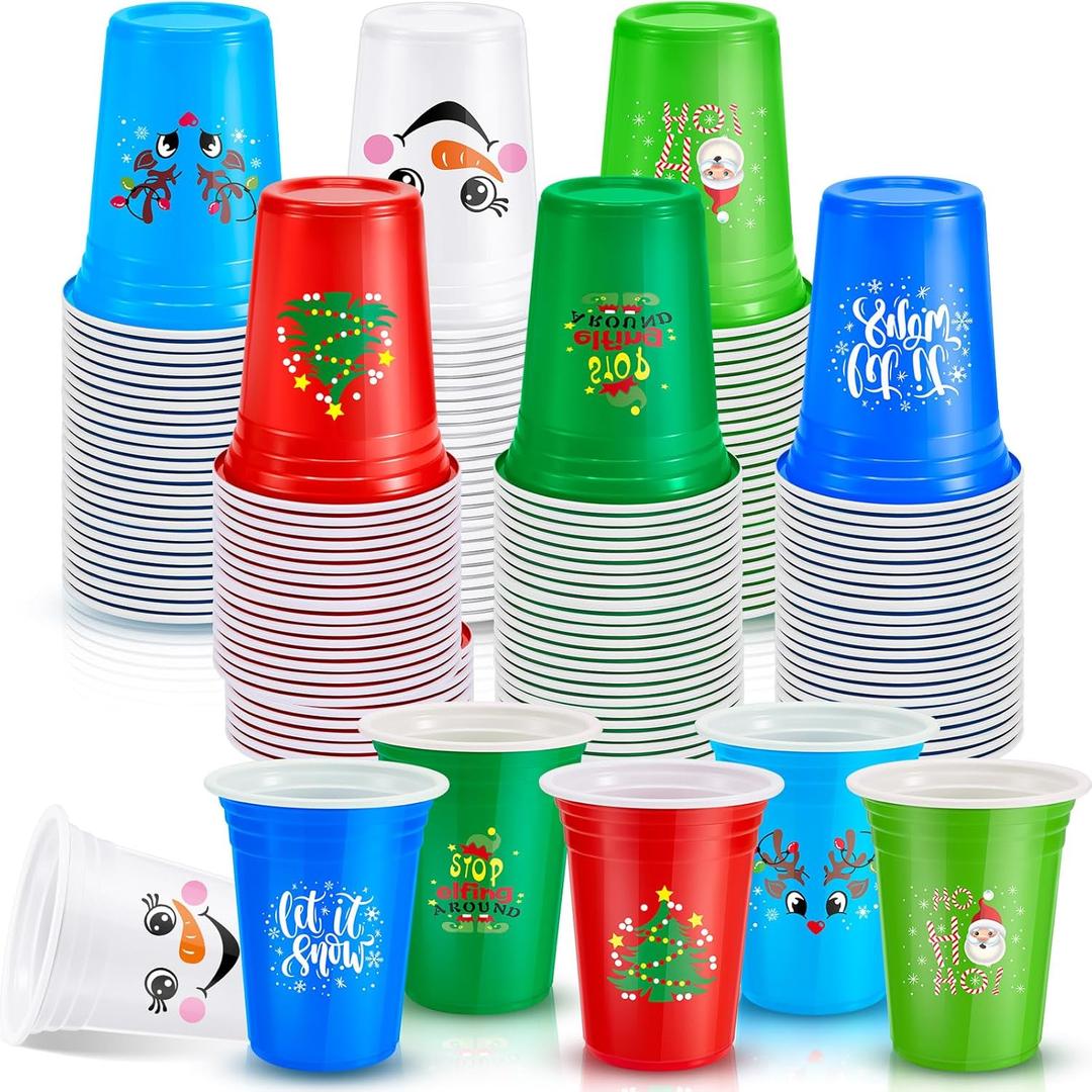 Zhehao 50 Pcs Christmas Plastic Cups 12 oz Disposable Holiday Cups Santa Christmas Tree Elk Snowman Elf Red Green White Blue Drinking Cup for Adults Xmas Holiday Party Supplies, 6 Styles