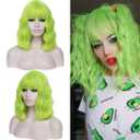 14" Short Fluorescent Green Curly Wig For Women Girls Heat Resistant Fiber Wigs Halloween Cosplay Daily Party+Cap (Fluorescent Green)