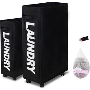 Caroeas Laundry Basket Slim Plus 27.5”, Black Laundry Basket with Wheels, Laundry Hamper with Removable Wash Bag Waterproof Clothes hamper Fabric baskets for laundry