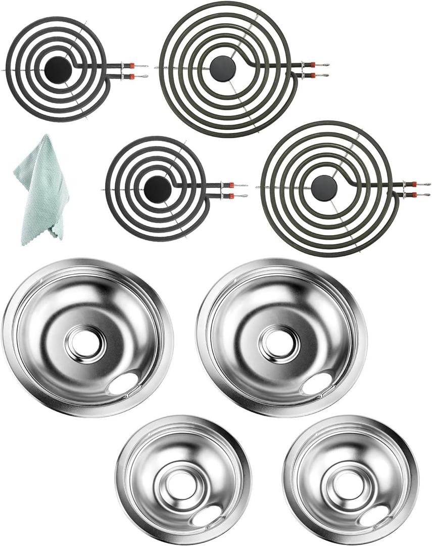 Electric Stove Burner Drip Pans Chrome 316048413(8) 316048414(6) and MP22YA Electric Range Burner Elements Replacement for Ken-more Tap-pan Frigi-daire Electric Stove Burner by Fetechmate