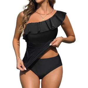 Yonique Women's Two Piece Swimsuits One Shoulder Tankini Tummy Control Bathing Suits Ruffle Swimwear (Black), XS