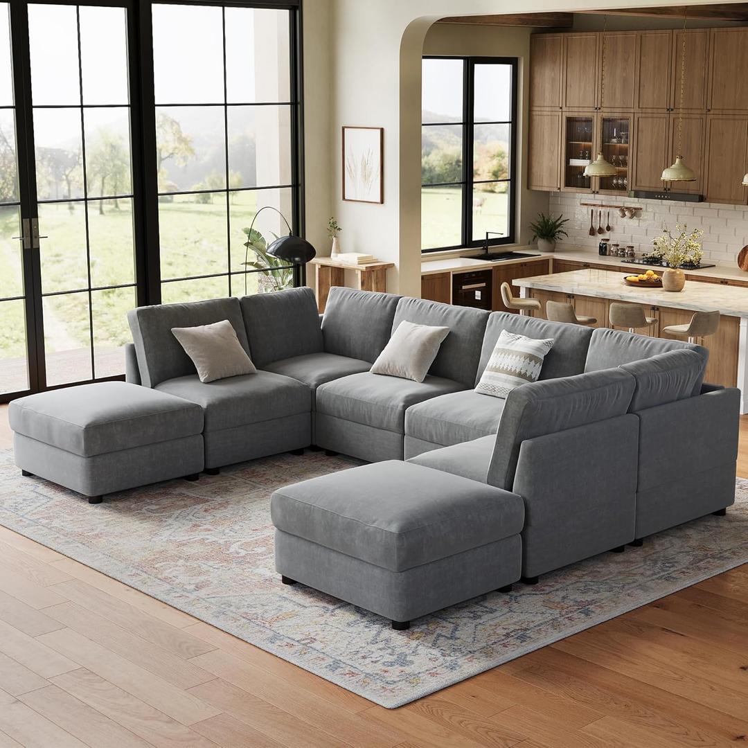 IDEALHOUSE 138" Modular Sectional Sofa, 8 Seater Sectional Couch, U-Shape Modern Sofa with Ottoman, Deep Seat, Oversized Convertible Modular Couch for Living Room Apartment Office, Chenille, Grey