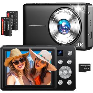4K Digital Camera, 64MP Autofocus Vlogging Camera with Dual Lens, 16X Digital Zoom YouTube Compact Travel Point Shoot Camera for Teens Beginner, Anti-Shake,2 Batteries, 32GB Card (Black)