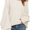Mafulus Women's Oversized Crewneck Sweater Batwing Puff Long Sleeve Cable Slouchy Pullover Jumper Tops (Large, 2-off Shoulde Beige)