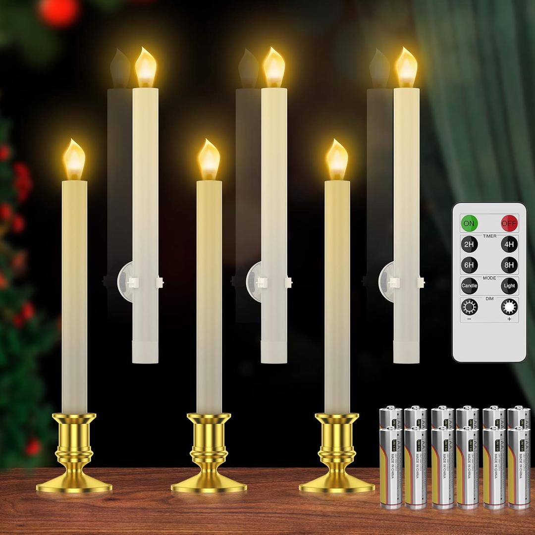 RONXS Window Candles, Flameless Taper Candles with Timer, Christmas Home Wedding Decor Battery Operated Flickering LED Candles with Remote Controls, Glod Candle Holders (6pcs Gold)