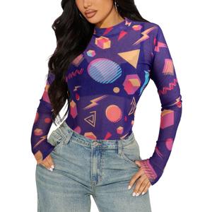 80s 90s Mesh Long Sleeve Shirt Women 90s 80s Themed Party Outfits Retro Sexy Neon Disco See Through Mock Neck Tops (XL)