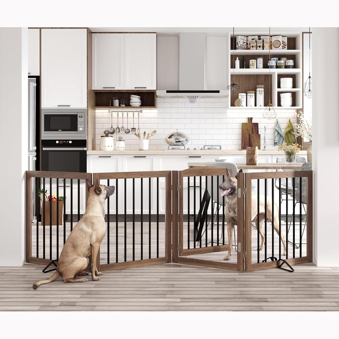 Vantas Folding Pet Gate 96" Wide, 30" Tall No-Assembly Wooden Dog Gate with Door Walk Through, Freestanding Puppy Safety Fence, with 2PCS Support - Brown