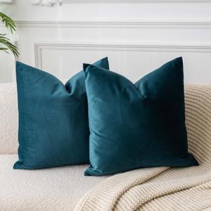 JUSPURBET Peacock Blue Velvet Throw Pillow Covers 18x18 inch Set of 2 for Living Room Couch Bedroom Decorative Soft Cushion Cases with Invisible Zipper (18" x 18" (Pack of 2))