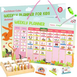 Euclidean Cube Weekly Planner for Kids - Magnetic Behavior Board Calendar with 237 Magnets, Storage Box, Easels, Hooks, Cord & Pen - Daily Routine and Chore Chart - Visual Schedule for Kids 3+ (Animal Theme)