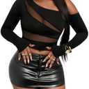 Verdusa Women's Mesh Sheer Off The Shoulder Top Long Sleeve Slim Fitted Crop Tops Club Date Night Outfit M