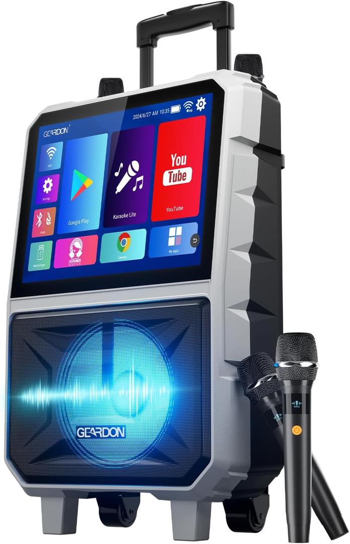 15.6" Full HD Touch Screen Karaoke Machine for Adults | Karaoke System, Lyrics Display, WiFi YouTube Video Playback, 2 Wireless Mics, Portable Bluetooth Speaker for Outdoor Party