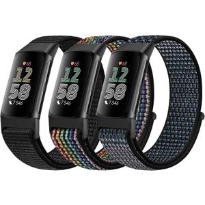Sport Loop Nylon Watch Bands Compatible with Fitbit Charge 6/5, Adjustable Breathable Replacement Soft Nylon Loop Wristband for Women/Men (Dark Black+Black Rainbow+Hyper Grape Purple)