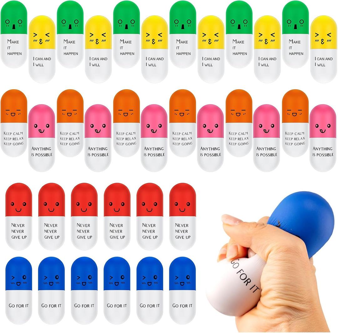 Jenaai 36 Pcs Vitamin Pill Stress Balls Motivational Squeeze Stress Relief Balls Pill Shaped Foam Squeeze Ball Anger Management Toys Grip Strengthener for Adults Anxiety Fidget Nursing