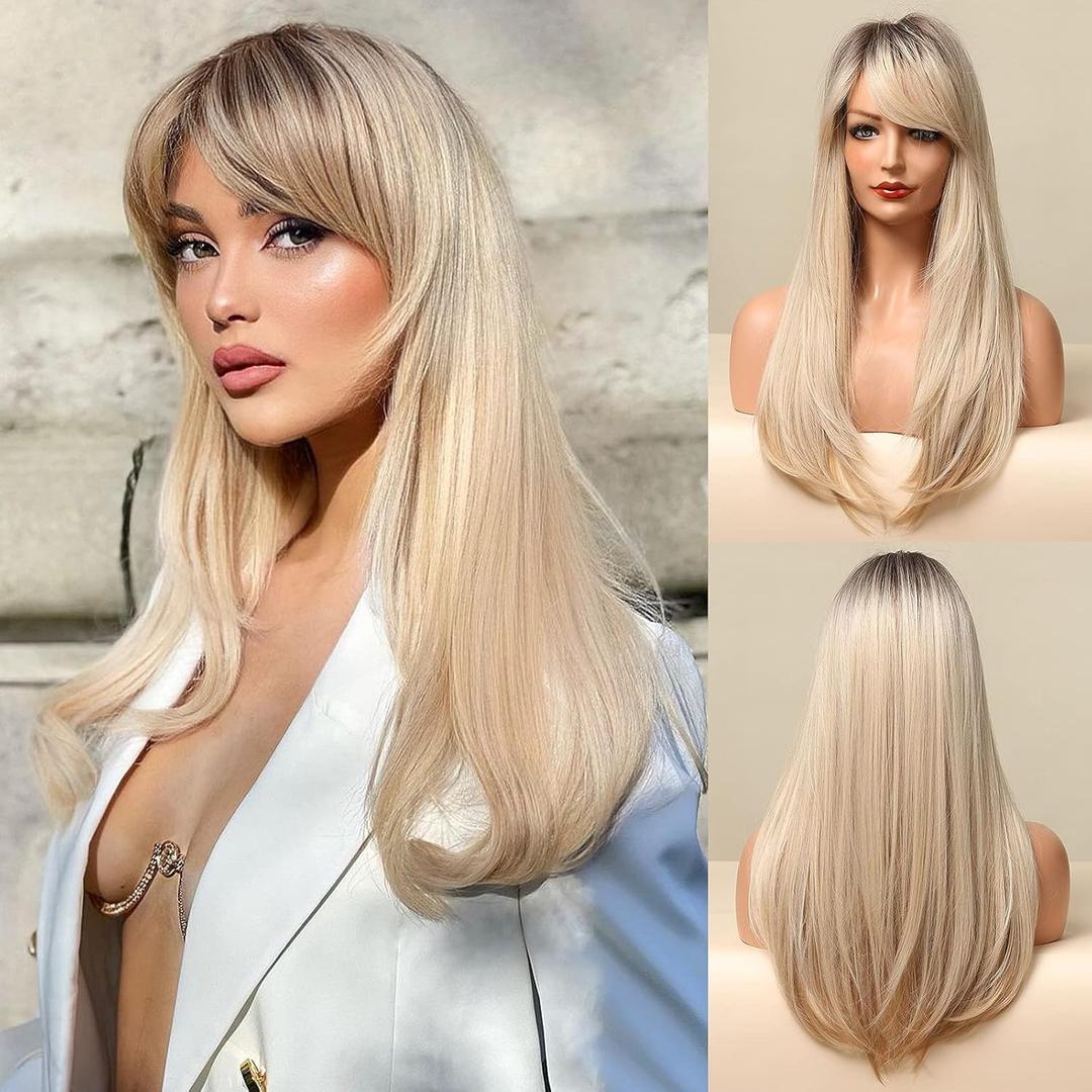 Honygebia Long Blonde Wig with Bangs - Ombre Dark Root Blonde Wigs for White Women, Striaght Wavy Synthetic Heat Resistant Hair, Natural Cute Wigs for Halloween/ Christmas/ Cosplay/ Party