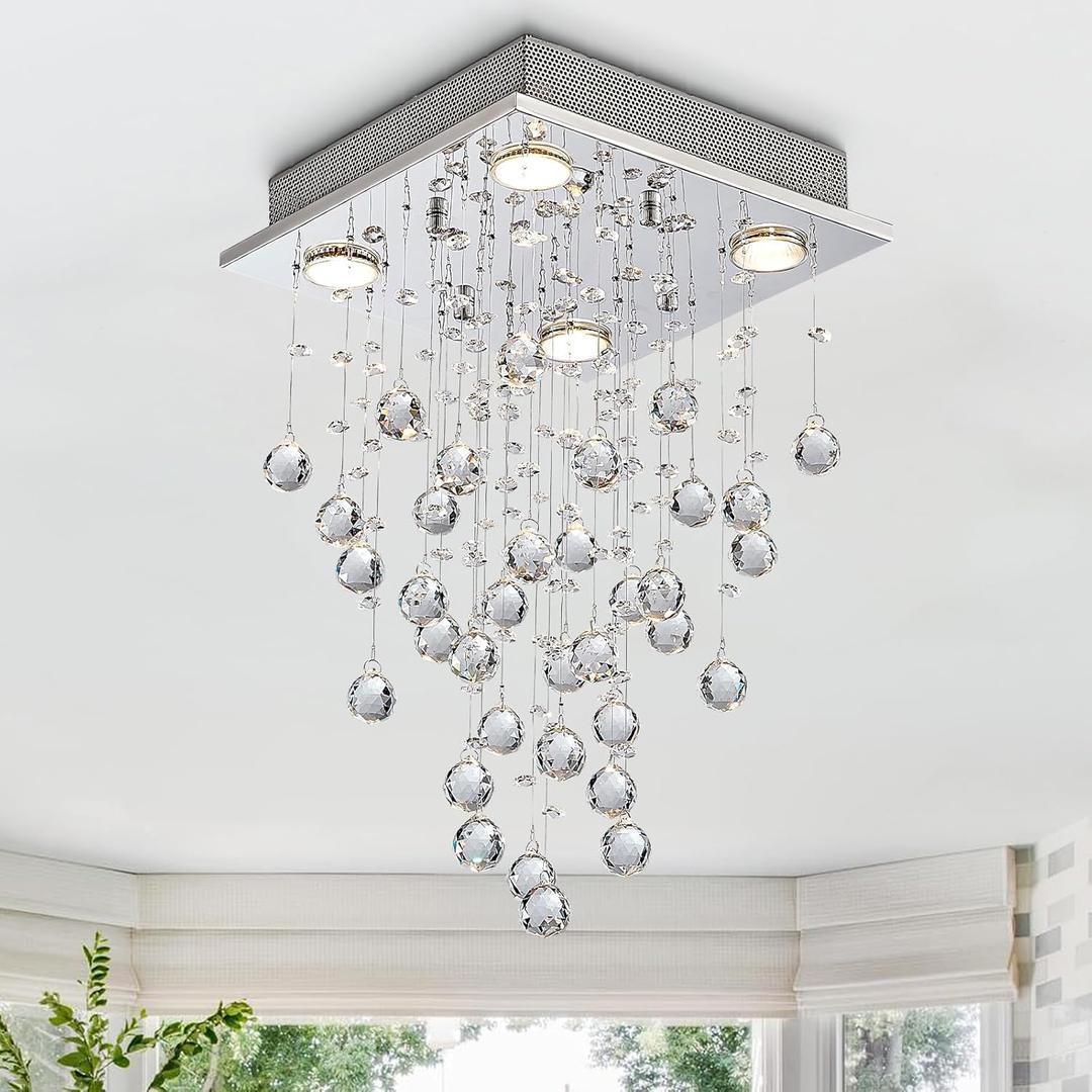 Bestier Chrome Modern Crystal Square Raindrop Chandelier Lighting Flush Mount LED Ceiling Light Fixture Pendant Lamp for Dining Room Bathroom Bedroom Livingroom 4 GU10 Bulbs Required 12" Wide 20" High