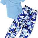 Girls Clothes Size 8 Irregular Ruched Drawstring Short Sleeve Top and Camouflage Pants 2Pcs Girls Camo Outfits Sets (Blue)