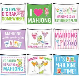 SilTriangle 9 Pcs Mahjong Cosmetic Bag Gifts for Women Mahjong Makeup Bag Mah Jong Zippered Pouch for Lover Player Mothers Birthday Party Lucky Mah Jong Gift Coquette Accessories (Styles 1)