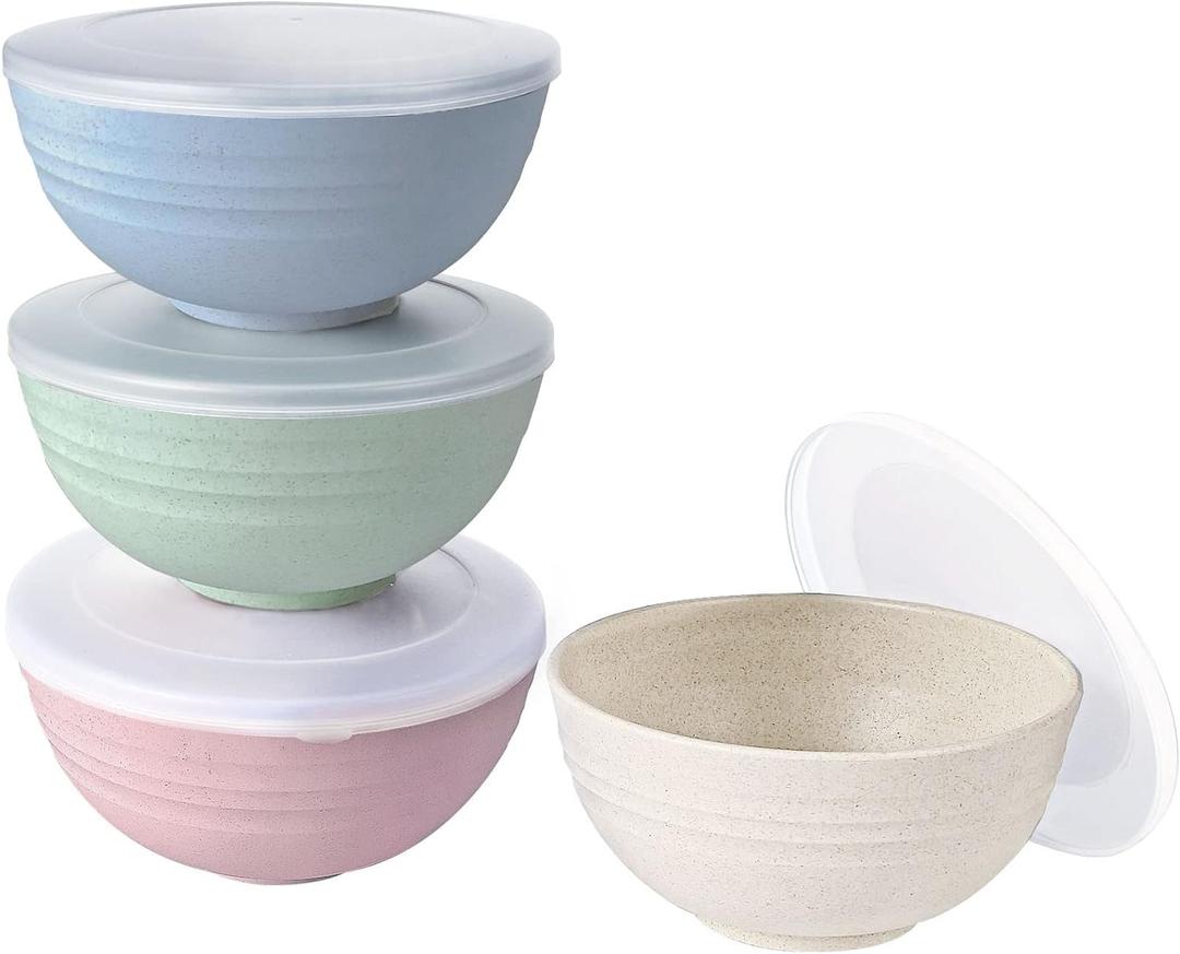 shopwithgreen Wheat Straw Cereal Bowls with Dust-Proof Lid, Resuable Bowls for Kitchen, Set of 4, Microwave and Dishwasher Safe, for Soup, Oatmeal, Ramen, RV, Camping, Kids, College Dorm Room, 26 OZ