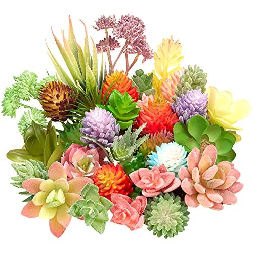 Jutom 32 Pieces Mini Artificial Succulents Unpotted Realistic Artificial Fake Plants Colorful Faux Succulents Small Cactus Plants for Garden Flower Kitchen Home Decor