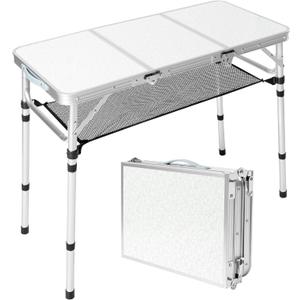 Folding Camping Table with Storage Net,3ft Portable Aluminum Folding Table with 3 Adjustable Height Max 27.3 Inch for Outdoor Backyard BBQ Picnic Cooking Tents Beach Indoor BedroomSilver